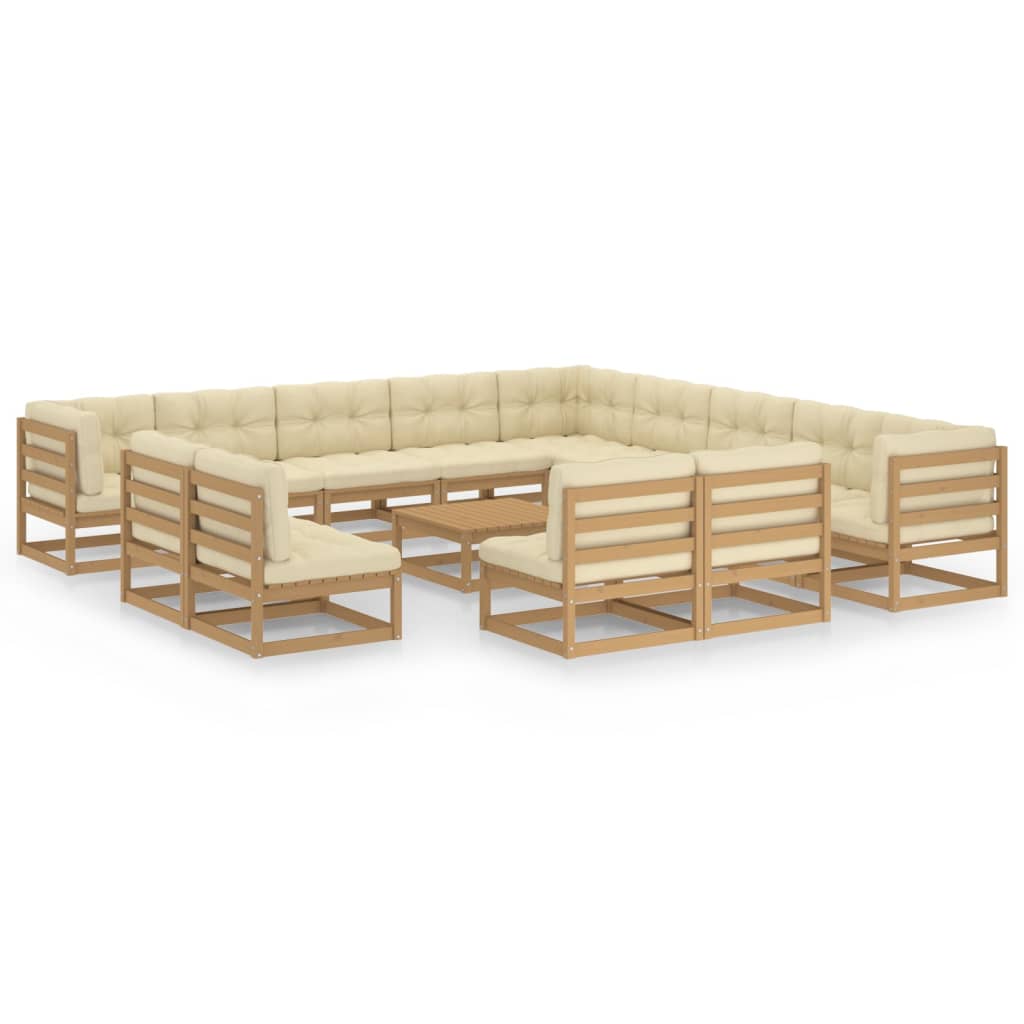 14-tlg. Garten-Lounge-Set Kissen Honigbraun Kiefer Massivholz